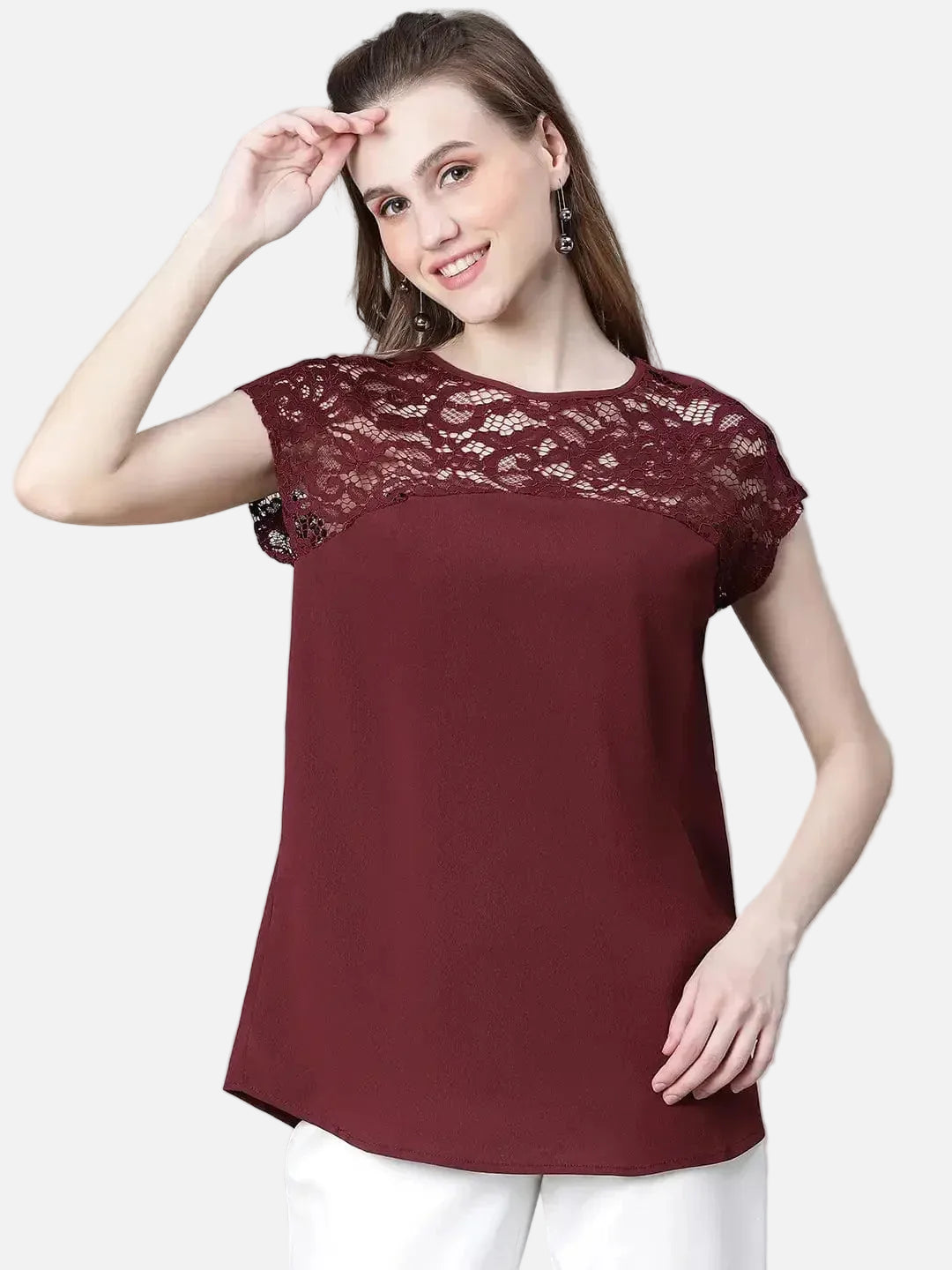 Women Soild Maroon Round Neck Short Sleeve Net Deatiled Top - oxolloxo