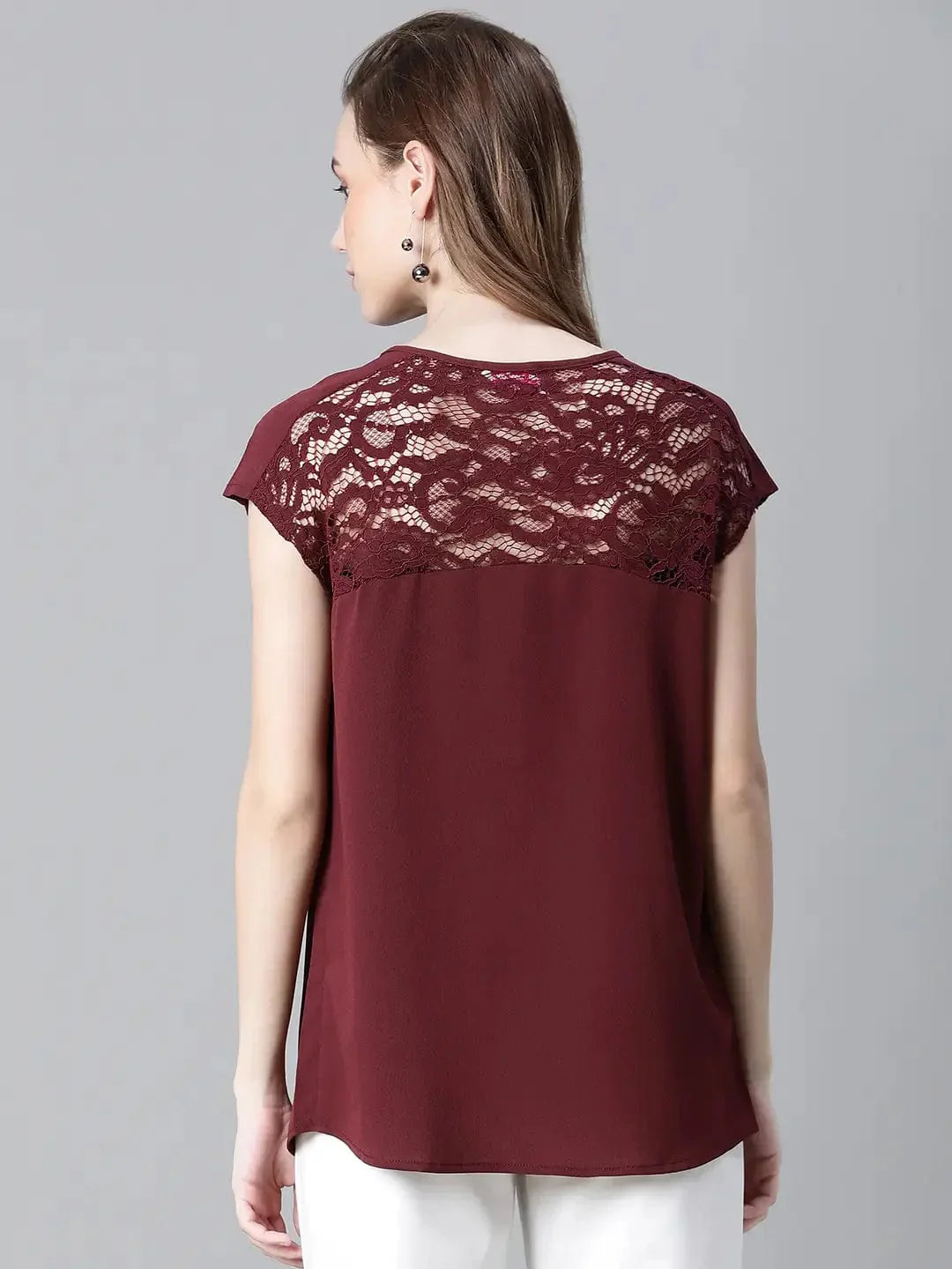 Women Soild Maroon Round Neck Short Sleeve Net Deatiled Top - oxolloxo