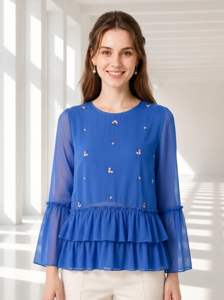 Women Blue Embroidered Top