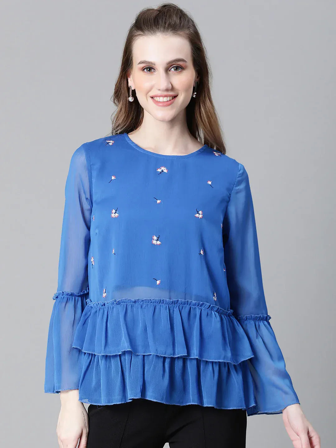 Women Blue Embroidered Top