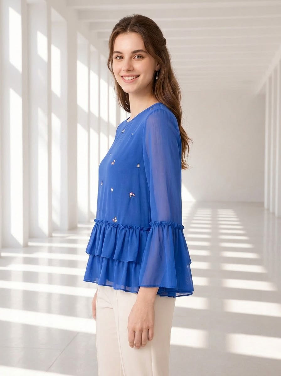 Women Blue Embroidered Top