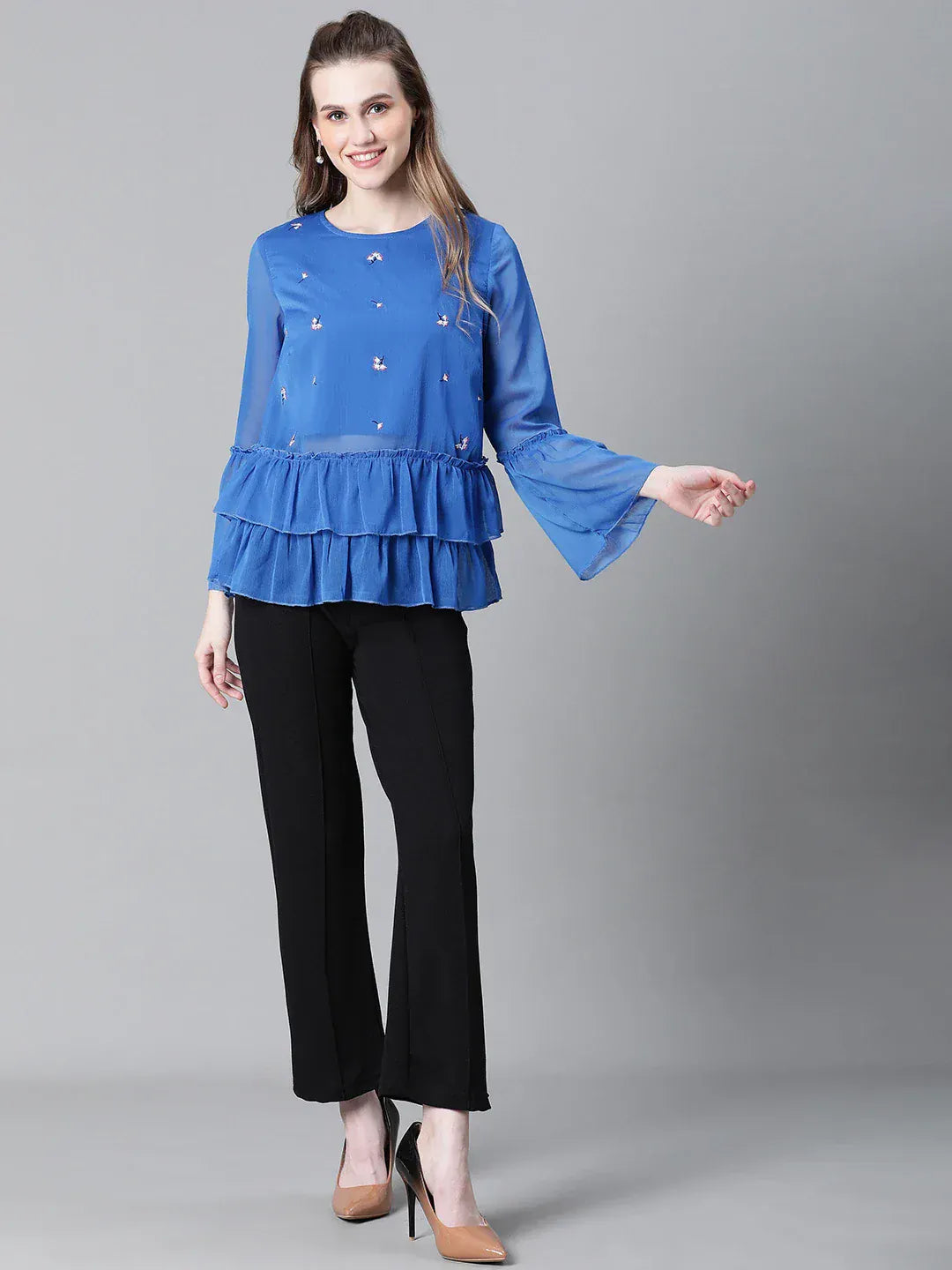 Women Blue Embroidered Top