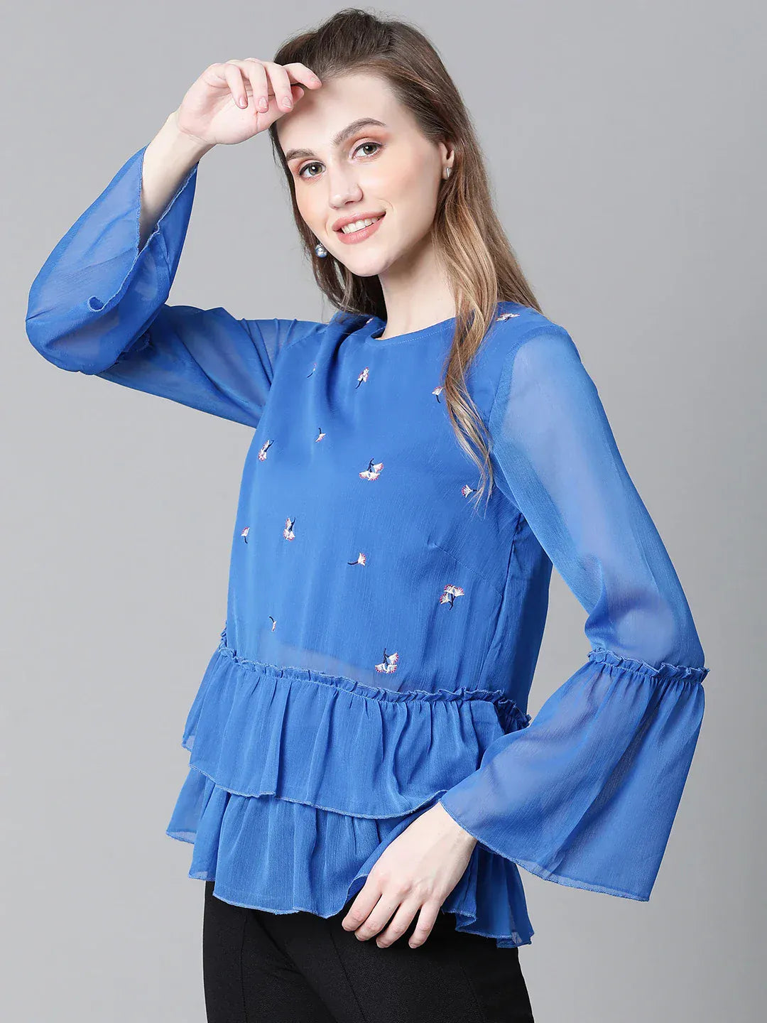 Women Blue Embroidered Top