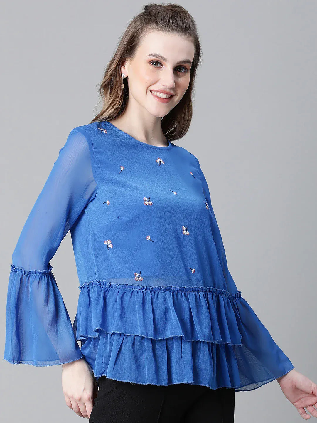 Women Blue Embroidered Top