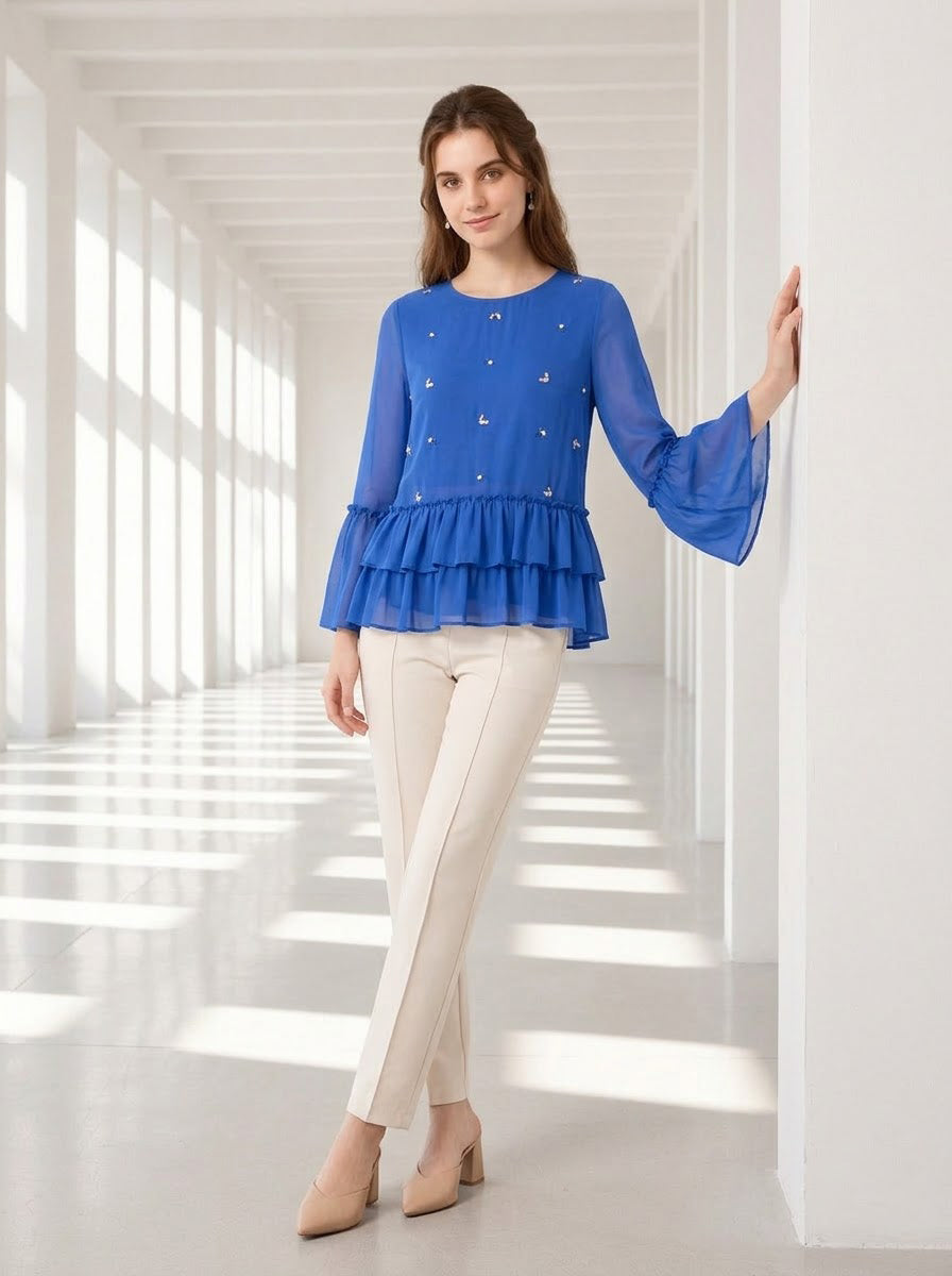 Women Blue Embroidered Top