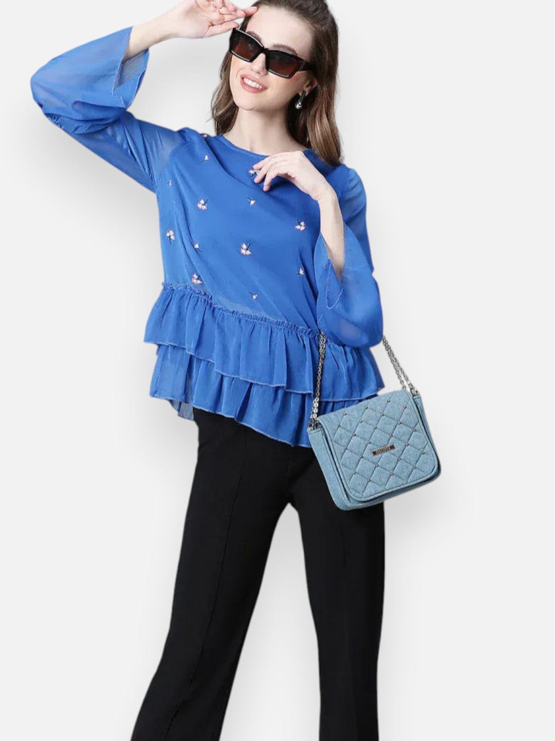 Women Blue Embroidered Top