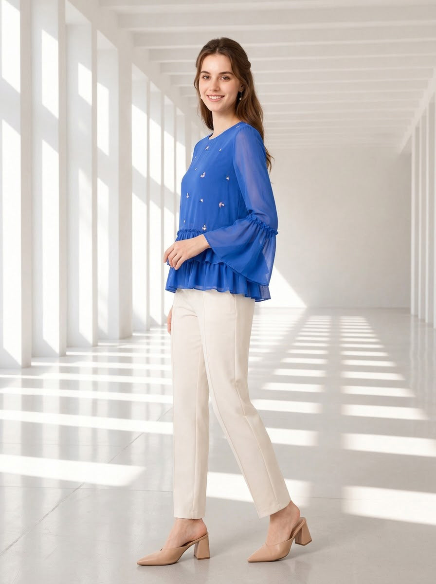Women Blue Embroidered Top