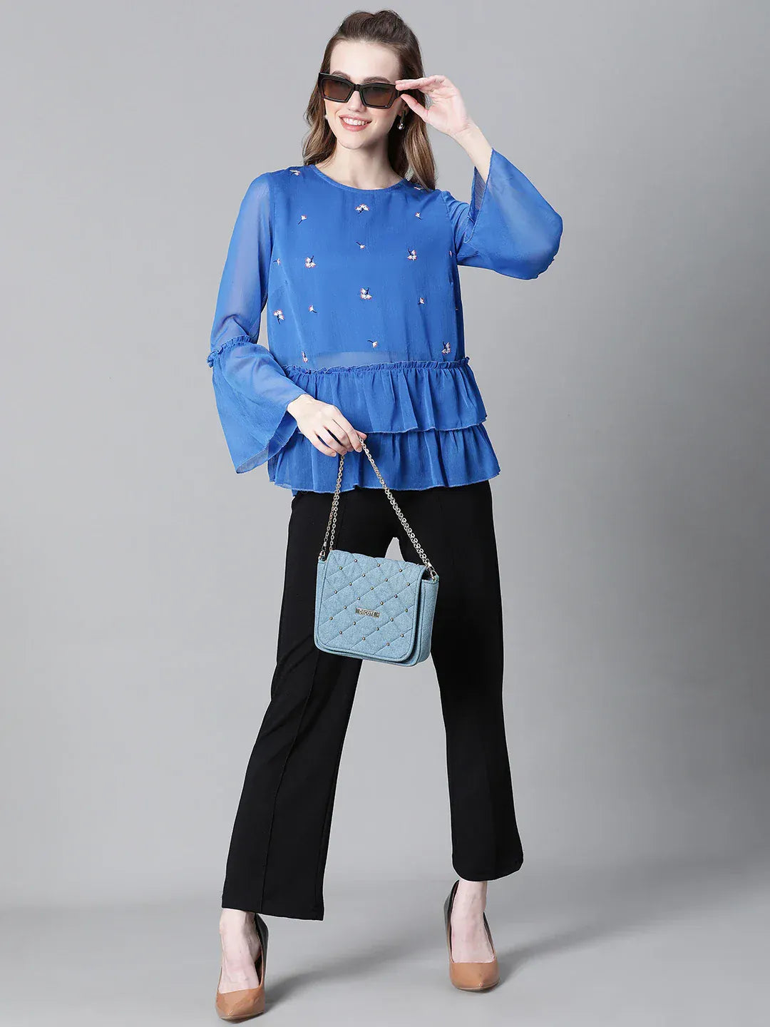 Women Blue Embroidered Top