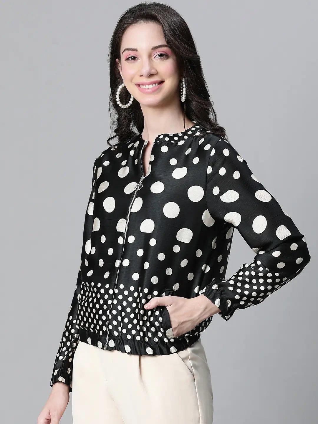 Women Black Polka Dot Bomber Jacket