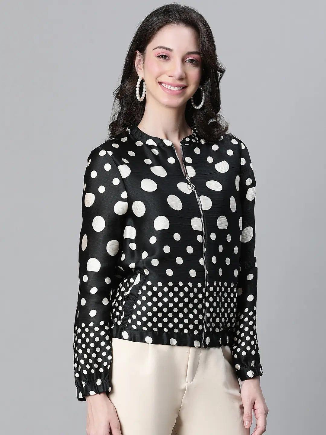 Women Black Polka Dot Bomber Jacket