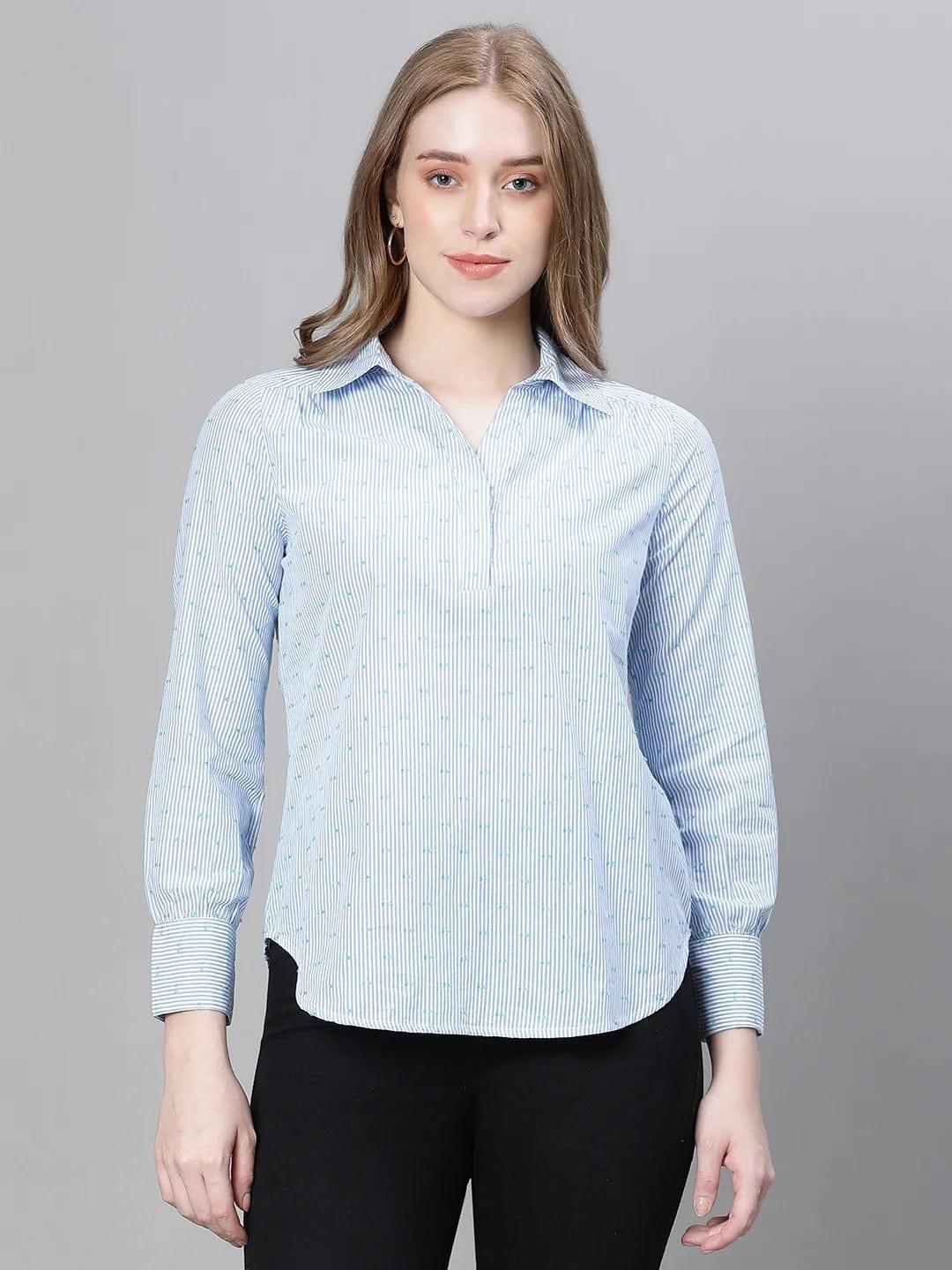 Women Blue Floral Print Long Sleeve Collared Cotton Top - oxolloxo