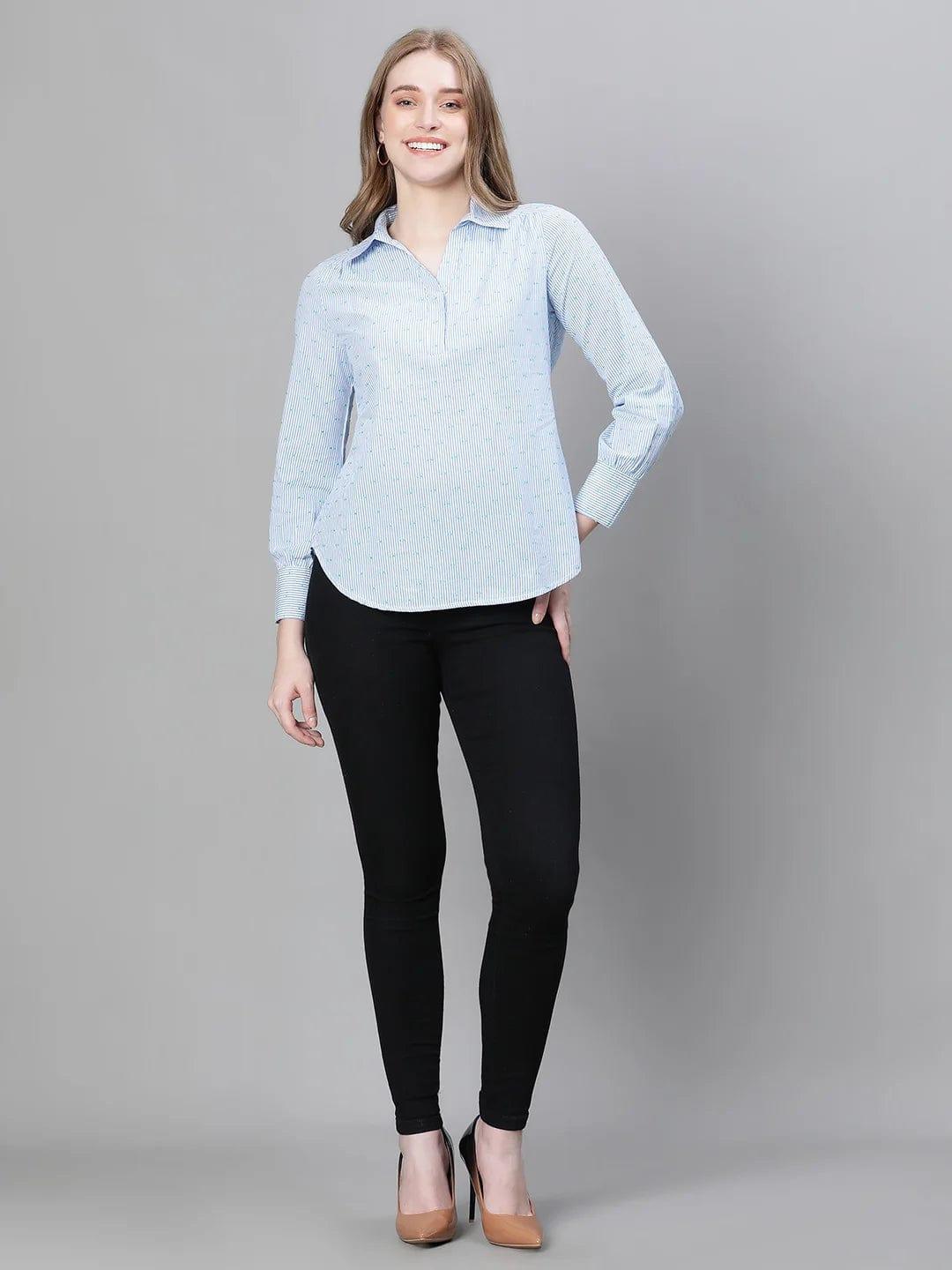 Women Blue Floral Print Long Sleeve Collared Cotton Top - oxolloxo