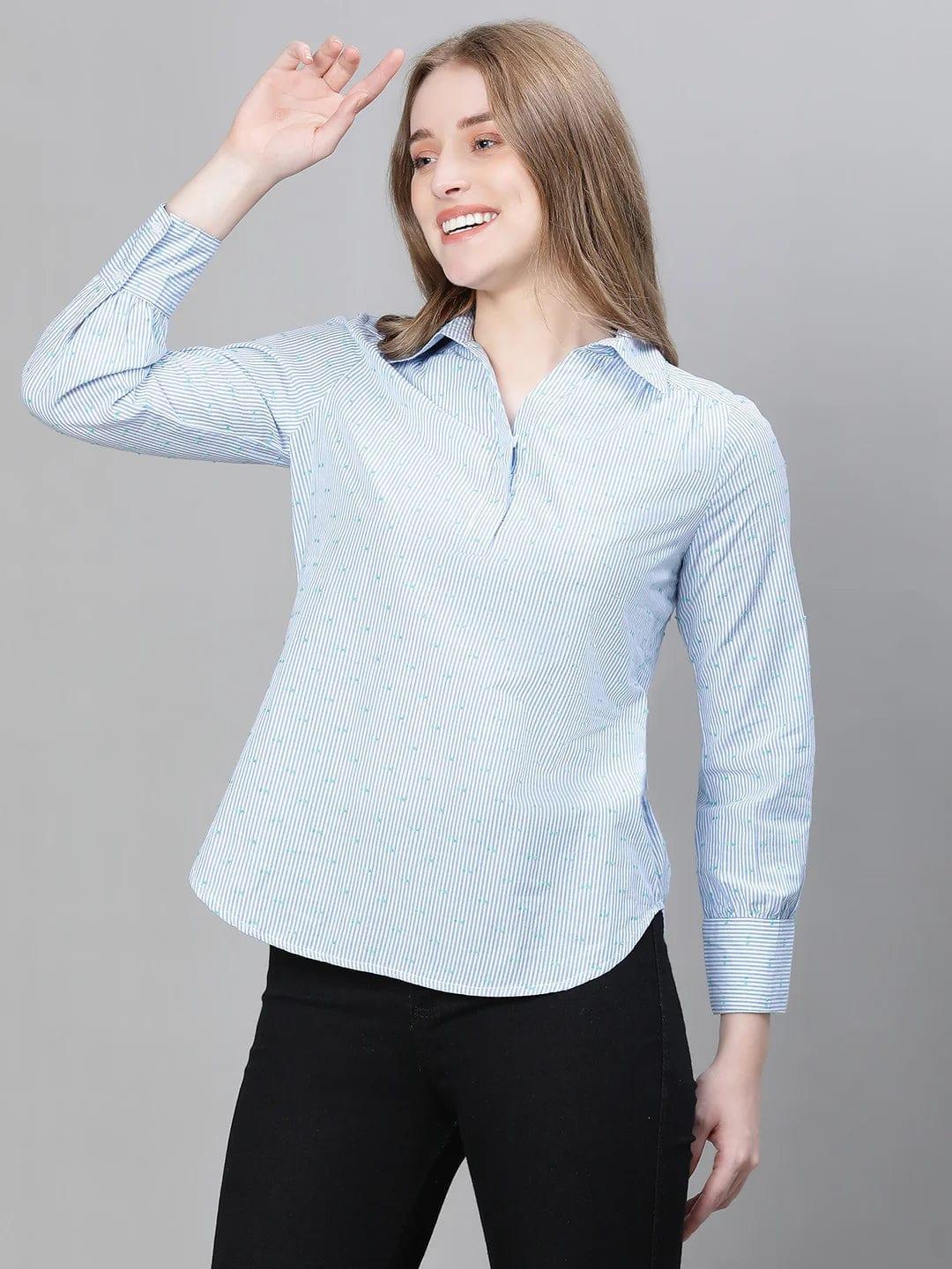 Women Blue Floral Print Long Sleeve Collared Cotton Top - oxolloxo