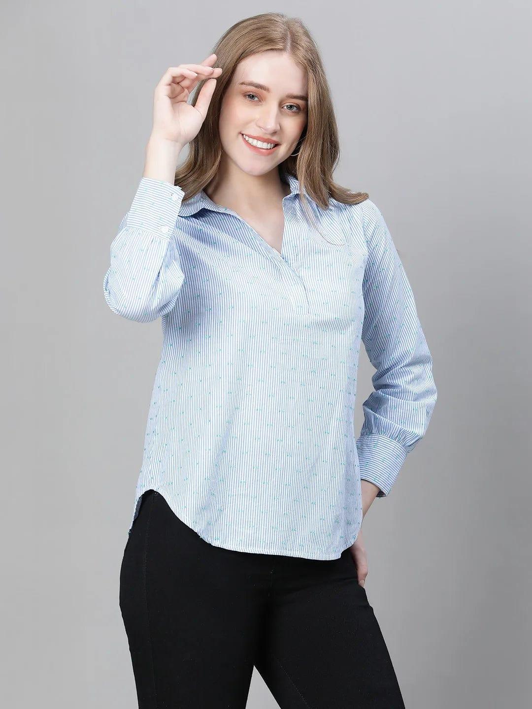 Women Blue Floral Print Long Sleeve Collared Cotton Top - oxolloxo