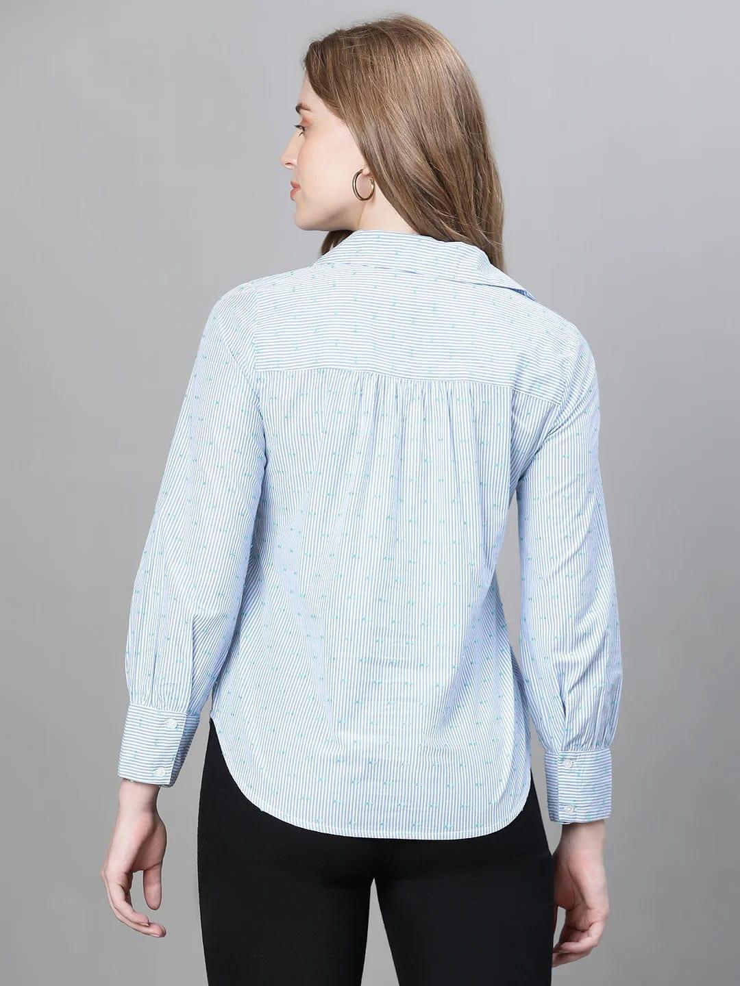 Women Blue Floral Print Long Sleeve Collared Cotton Top - oxolloxo