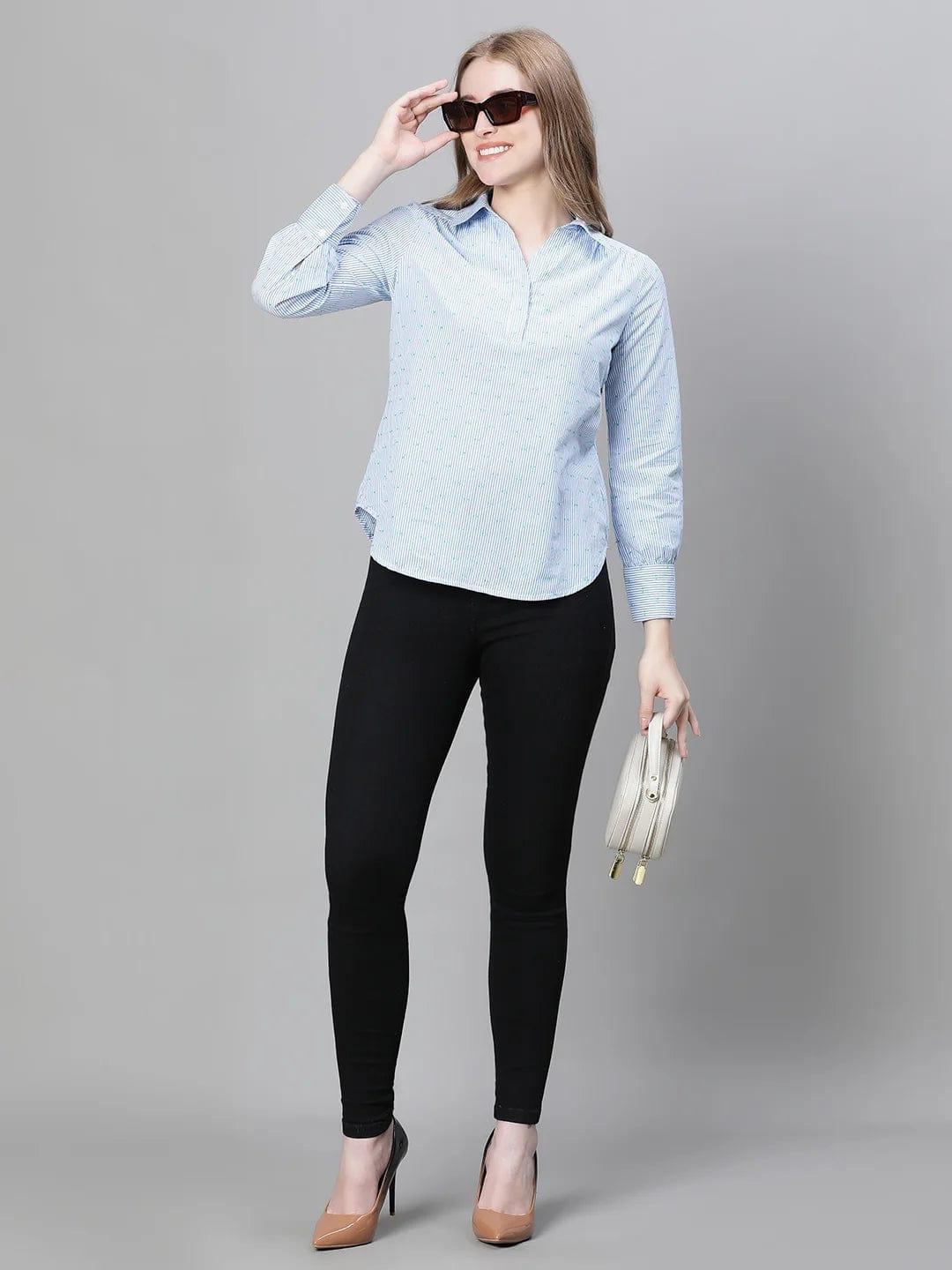 Women Blue Floral Print Long Sleeve Collared Cotton Top - oxolloxo