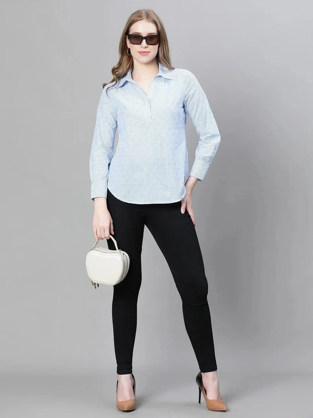 Women Blue Floral Print Long Sleeve Collared Cotton Top - oxolloxo