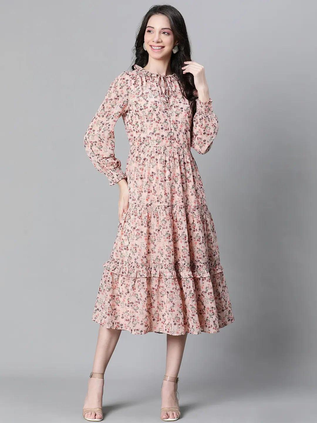 Peach Floral Lurex Print Elasticated Flare Maxi Dress For Women Dress - oxolloxo