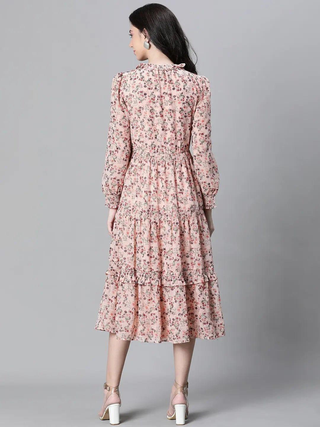 Peach Floral Lurex Print Elasticated Flare Maxi Dress For Women Dress - oxolloxo