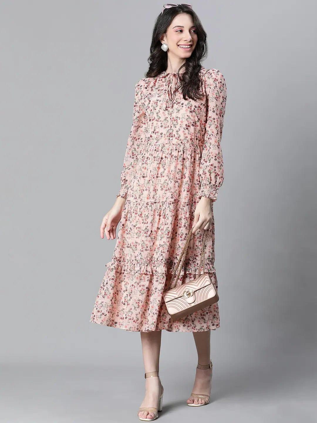 Peach Floral Lurex Print Elasticated Flare Maxi Dress For Women Dress - oxolloxo