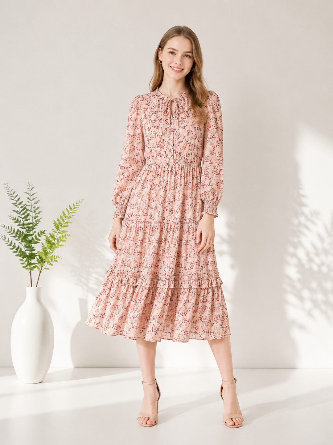 Women's Peach Floral Print Dress