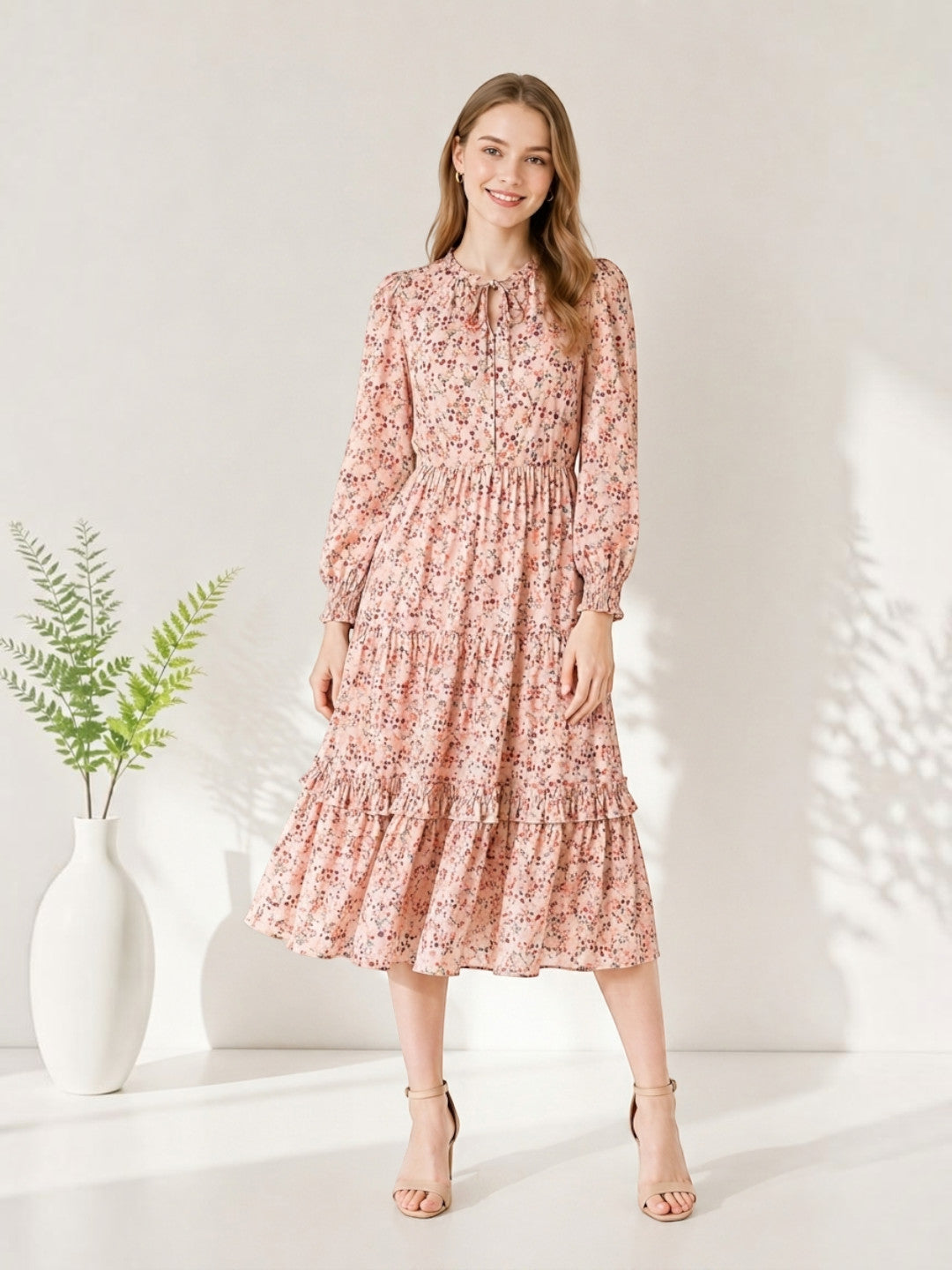 Pink floral tiered midi dress with long sleeves and tie neck, perfect for women's fashion