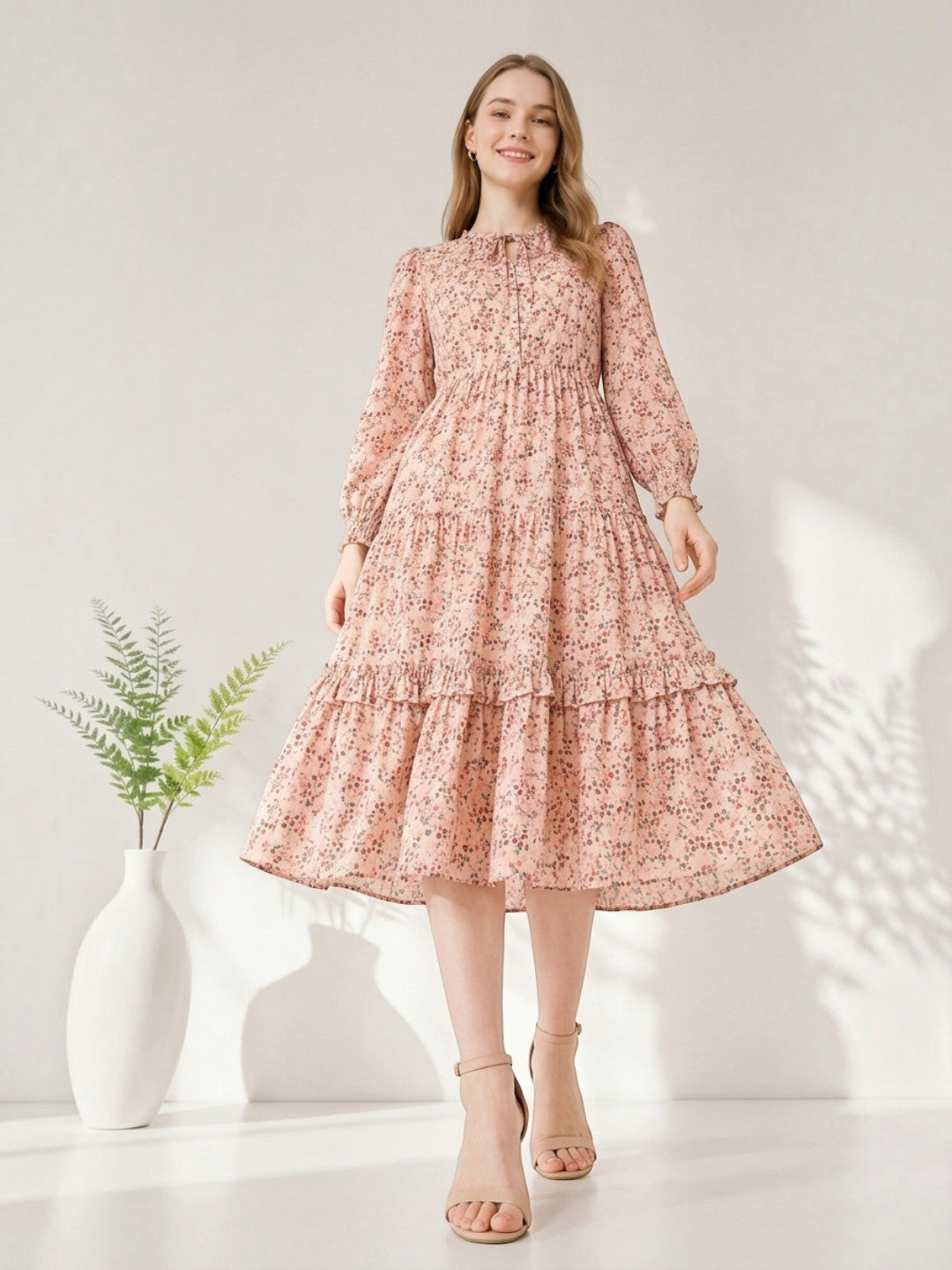 Pink floral tiered midi dress with long sleeves, perfect for plus size & regular women's fashion