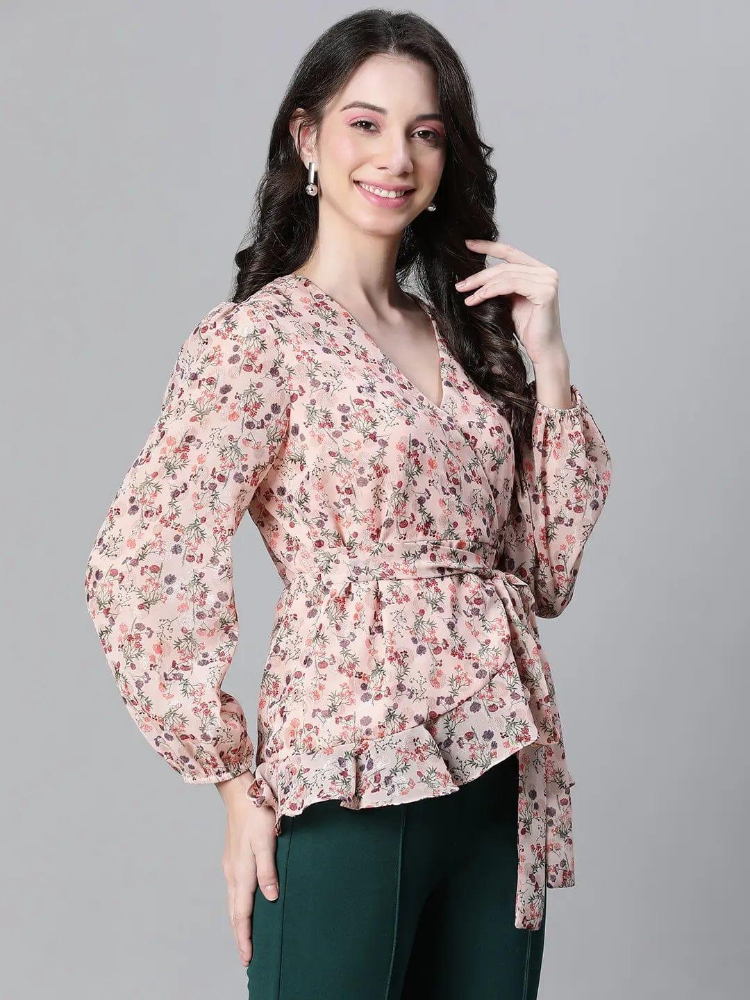 Pastel Peach Floral Lurex Print Tie-Knot Belted Party Top - oxolloxo