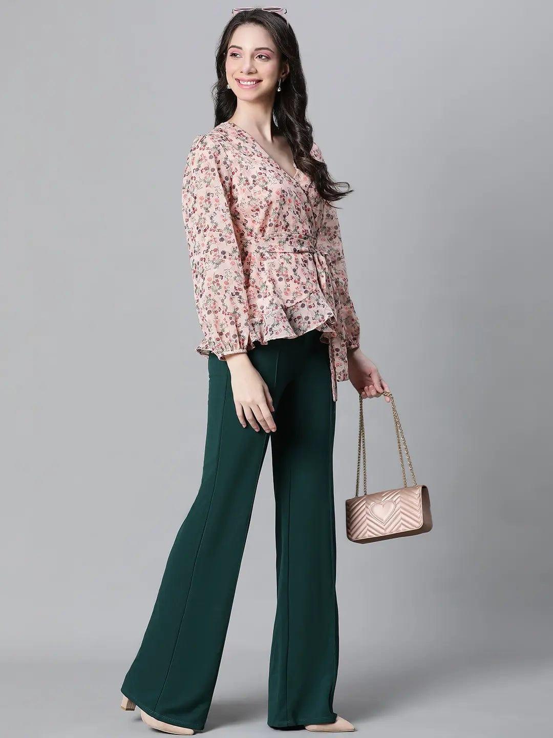 Pastel Peach Floral Lurex Print Tie-Knot Belted Party Top - oxolloxo