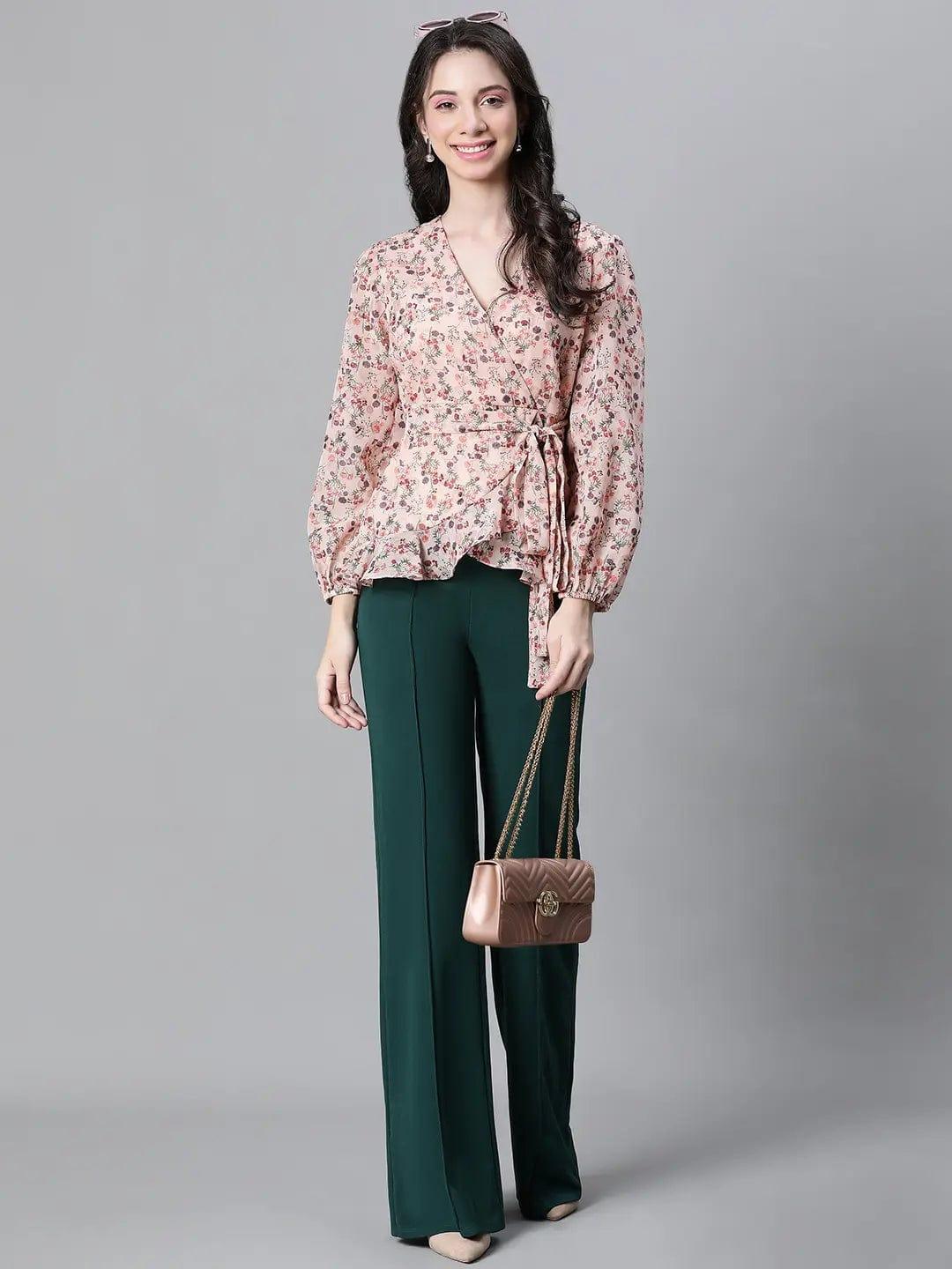 Pastel Peach Floral Lurex Print Tie-Knot Belted Party Top - oxolloxo