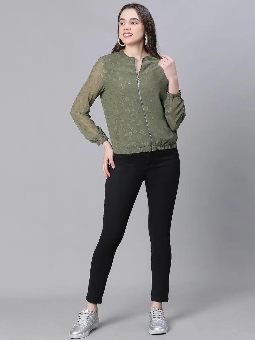 Women Green Lurex Print Jacket