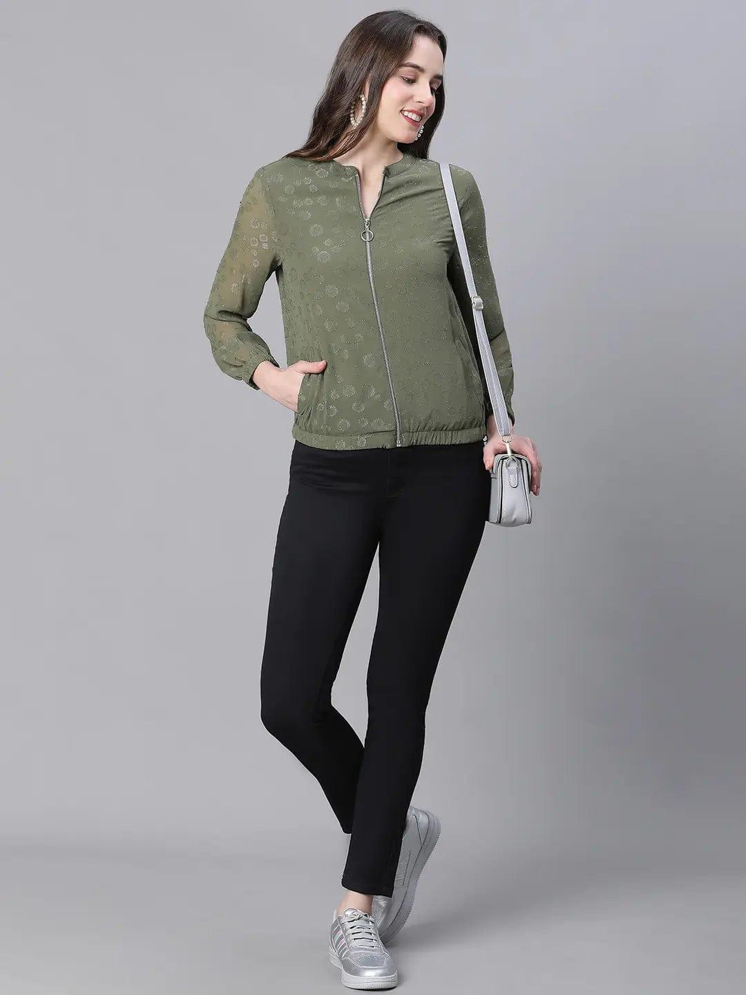 Women Green Lurex Print Jacket