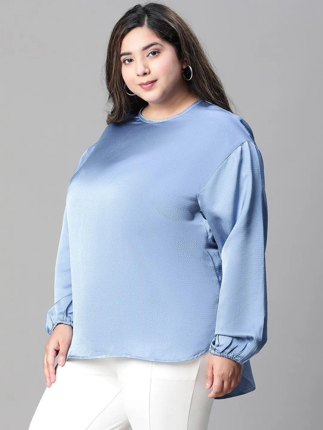 Interesting Blue Long Sleeve Plus Size Women Loopy Top - oxolloxo