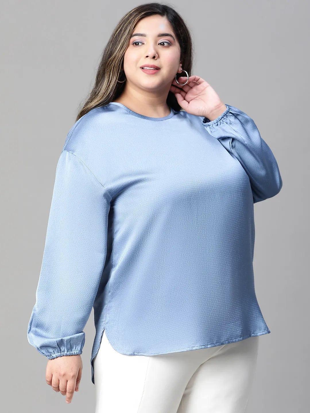 Interesting Blue Long Sleeve Plus Size Women Loopy Top - oxolloxo