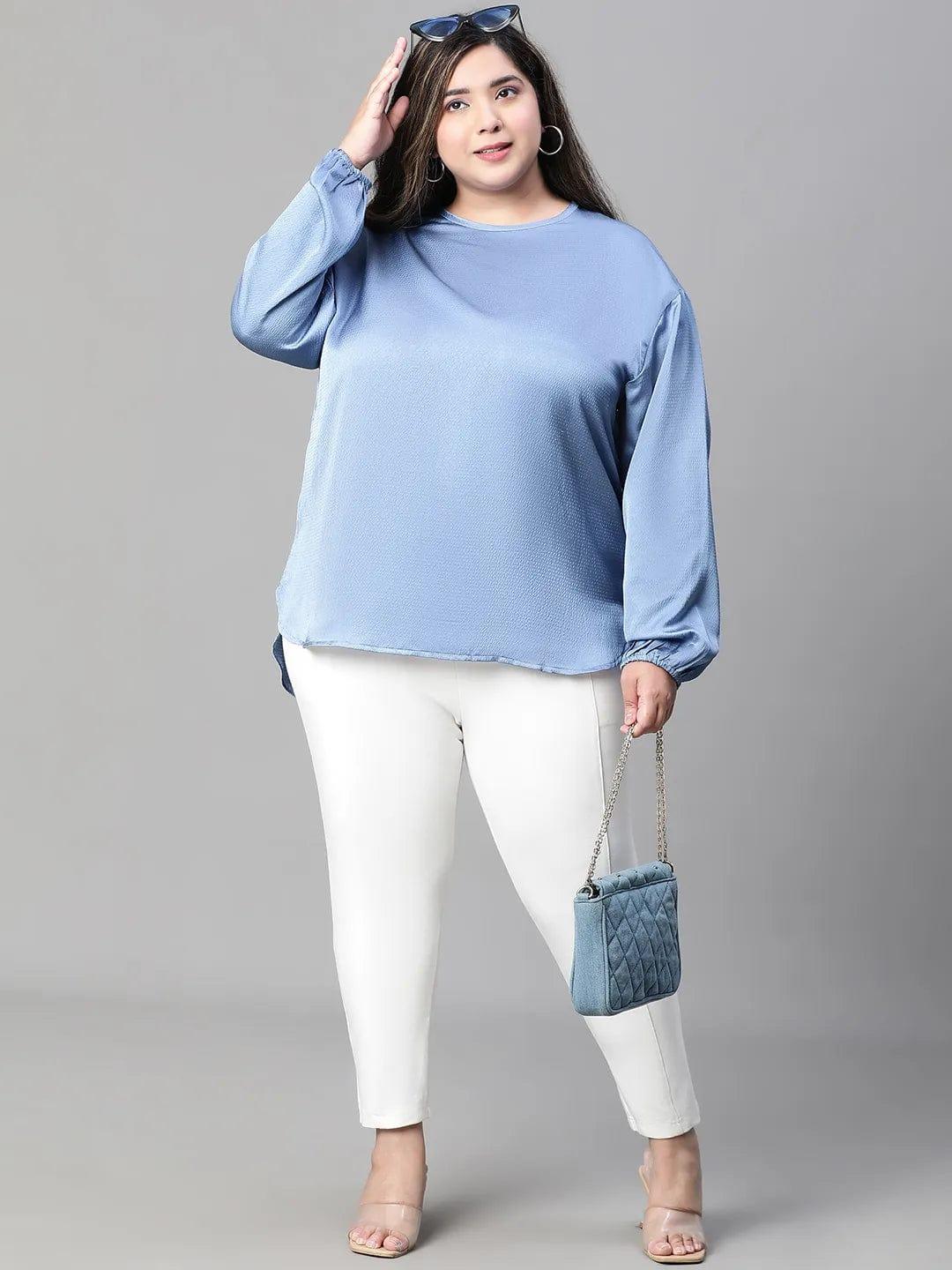 Interesting Blue Long Sleeve Plus Size Women Loopy Top - oxolloxo