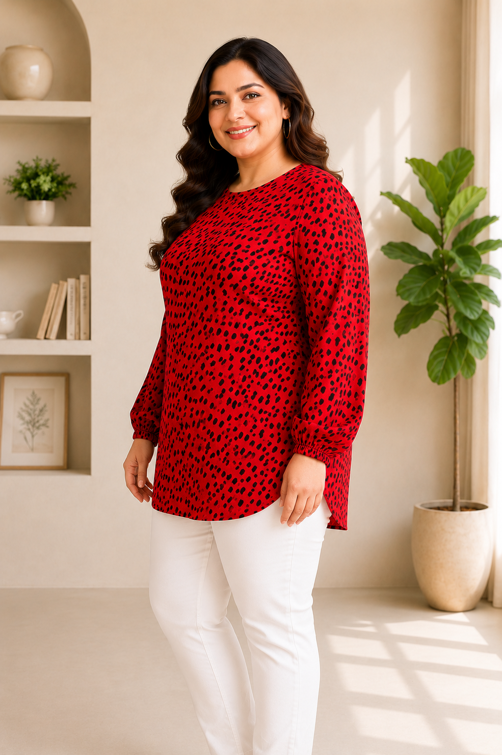 plus size red animal print womens top