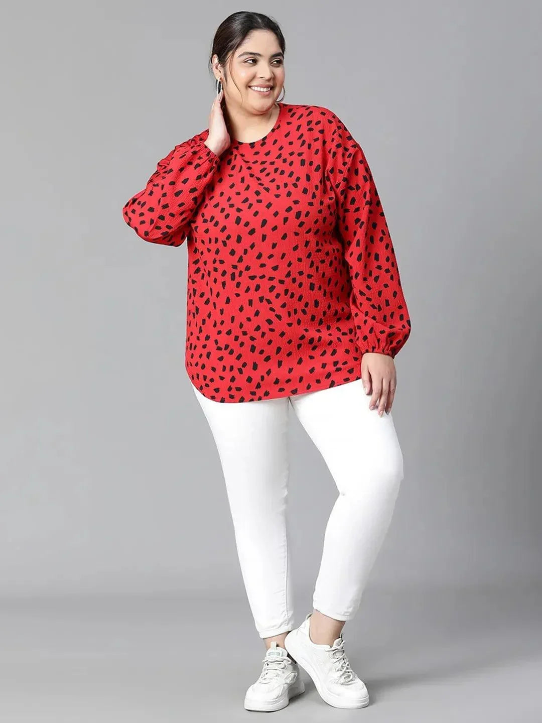 Fascinated Red Animal Print Long Sleeve Plus Size Women Loopy Top - oxolloxo