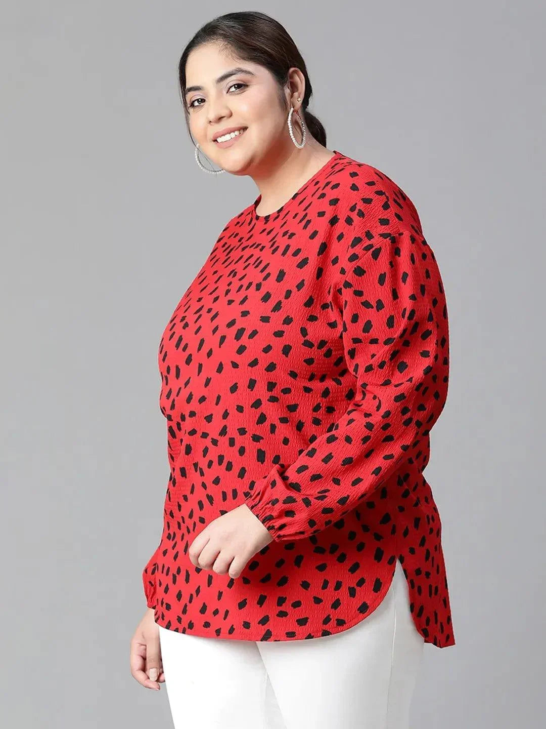 Fascinated Red Animal Print Long Sleeve Plus Size Women Loopy Top - oxolloxo
