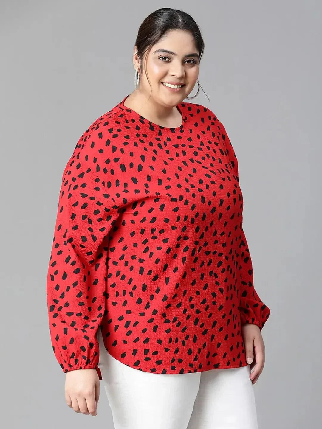 Fascinated Red Animal Print Long Sleeve Plus Size Women Loopy Top - oxolloxo