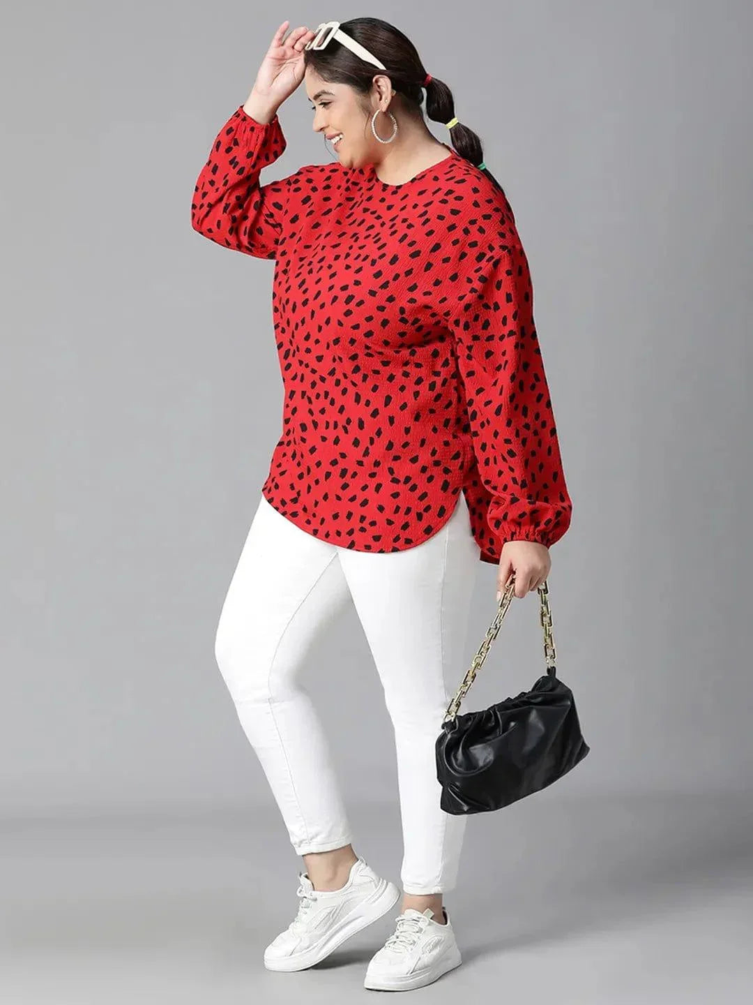 Fascinated Red Animal Print Long Sleeve Plus Size Women Loopy Top - oxolloxo