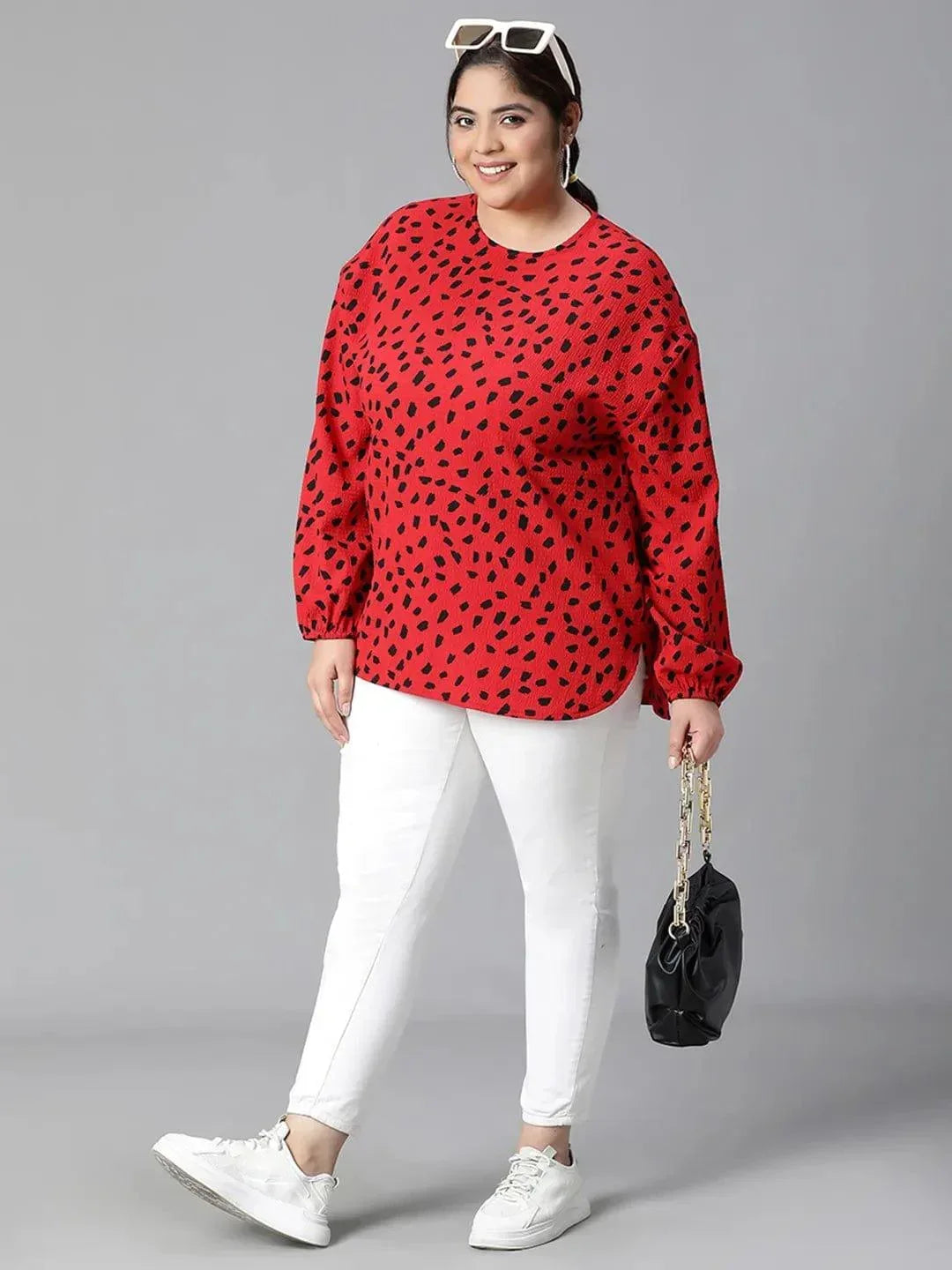 Fascinated Red Animal Print Long Sleeve Plus Size Women Loopy Top - oxolloxo