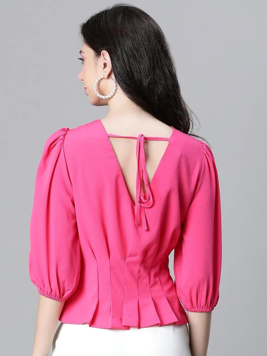 Fuchsia Keyhole Neck Pleated Top For Stylish Women Today - oxolloxo