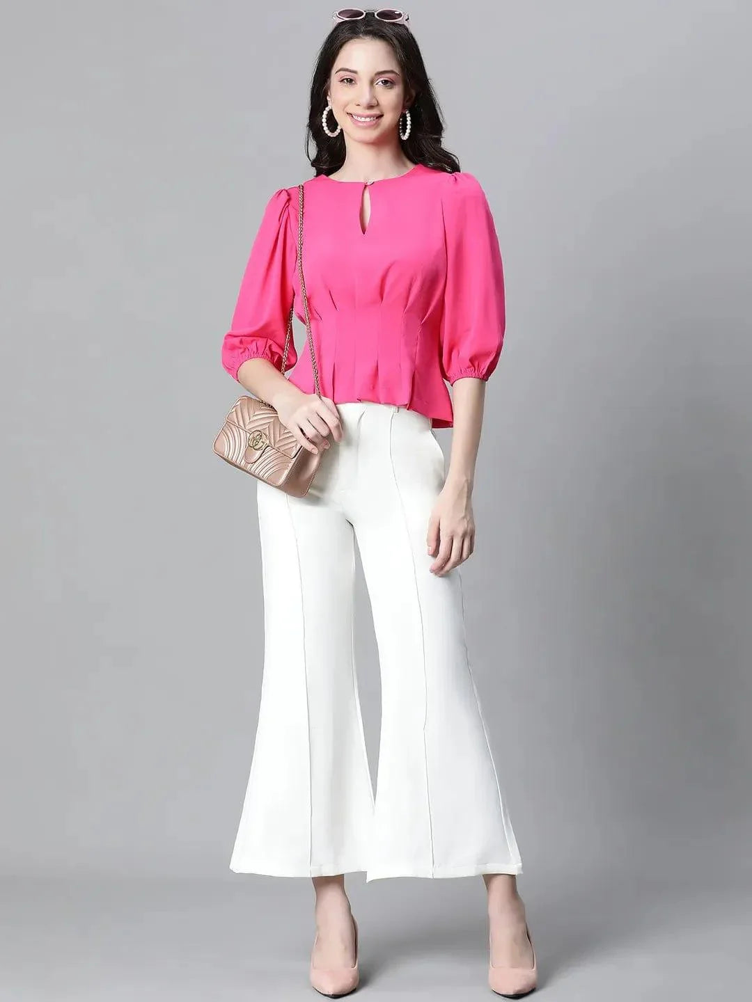 Fuchsia Keyhole Neck Pleated Top For Stylish Women Today - oxolloxo