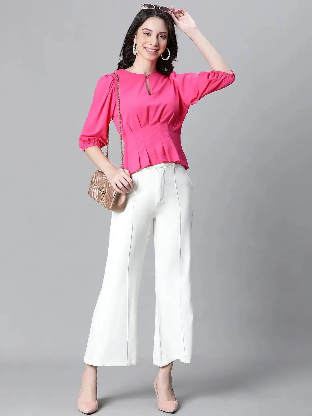 Fuchsia Keyhole Neck Pleated Top For Stylish Women Today - oxolloxo
