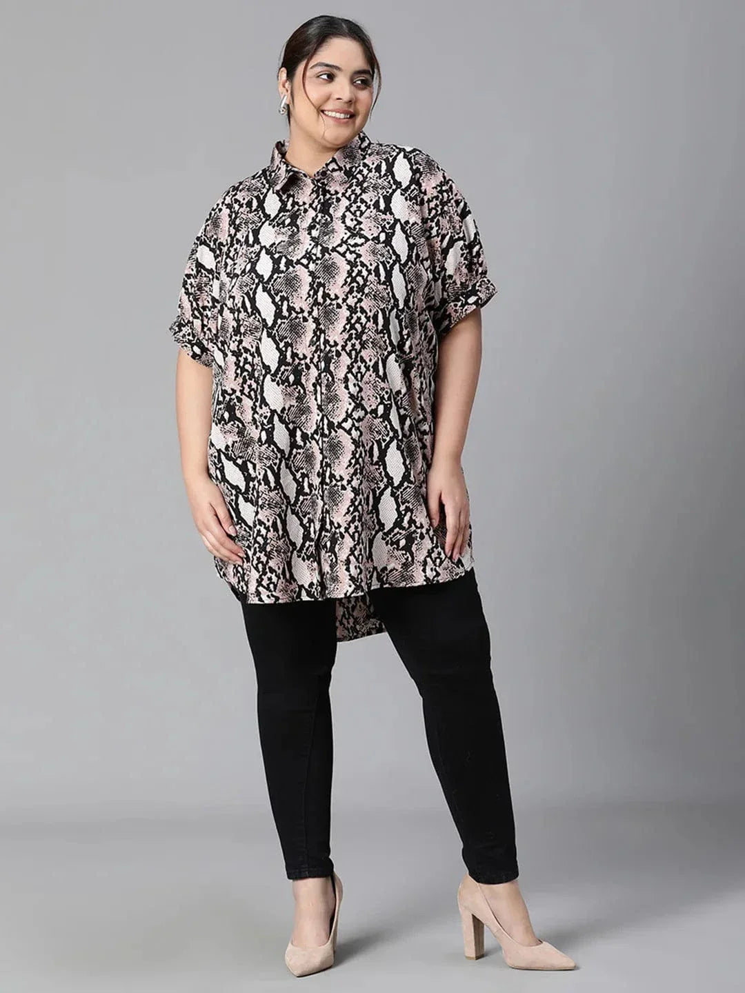 Plus size multicolour tropical print collared tunic shirt, photo 7