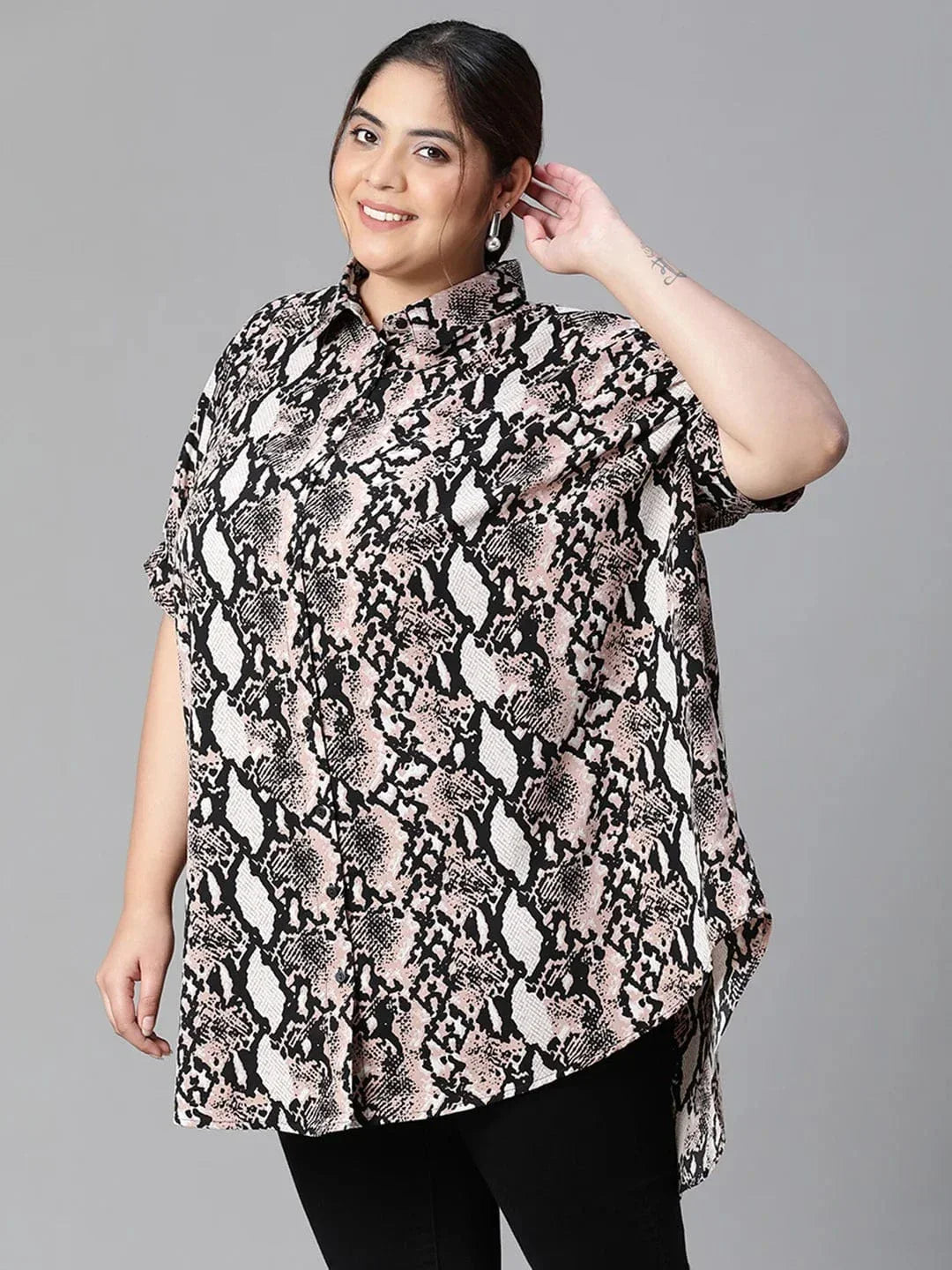 Plus size multicolour tropical print collared tunic shirt, photo 2