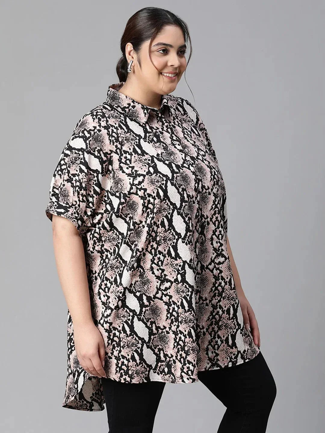 Plus size multicolour tropical print collared tunic shirt, photo 3