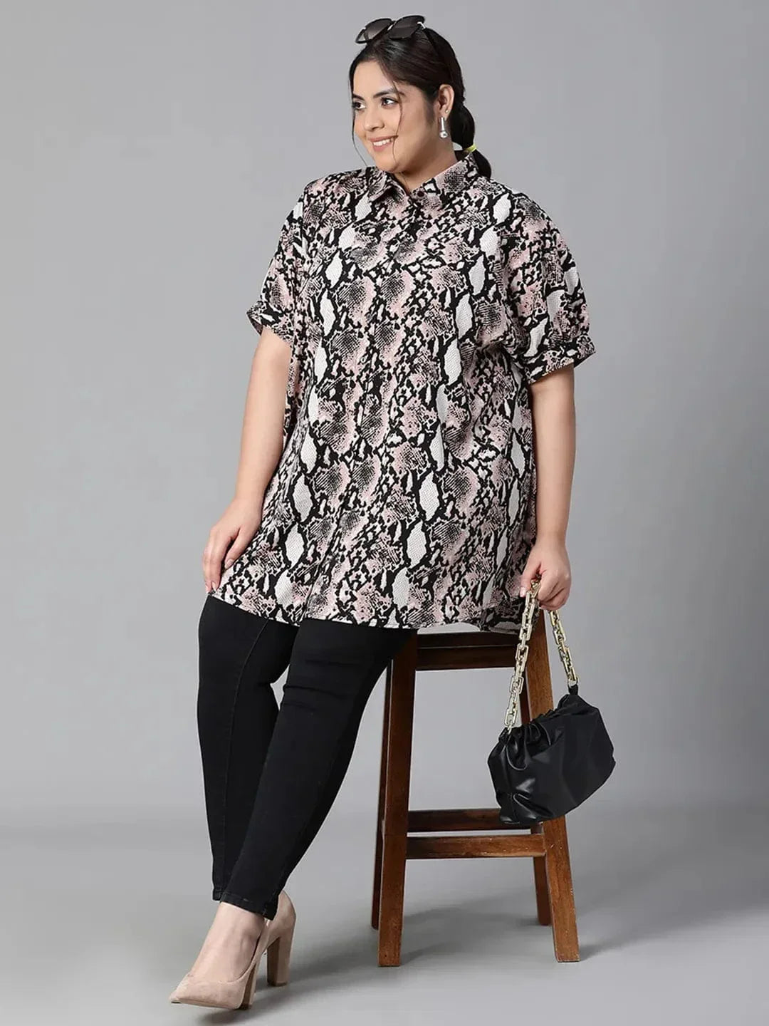 Plus size multicolour tropical print collared tunic shirt, photo 5