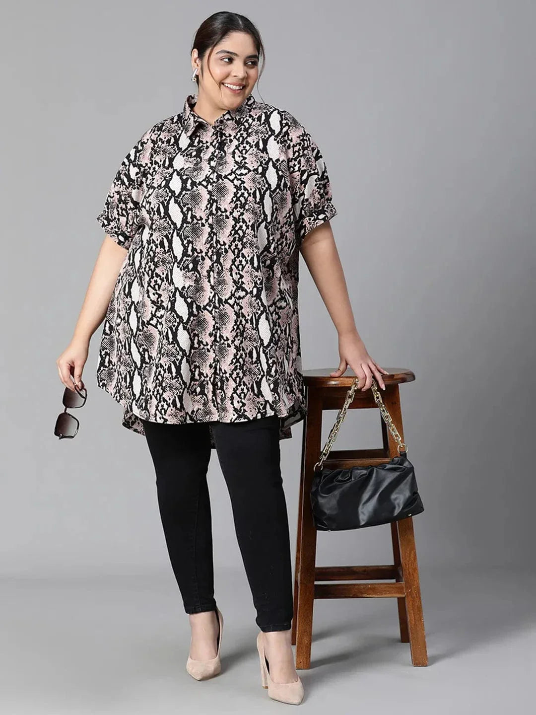Plus size multicolour tropical print collared tunic shirt