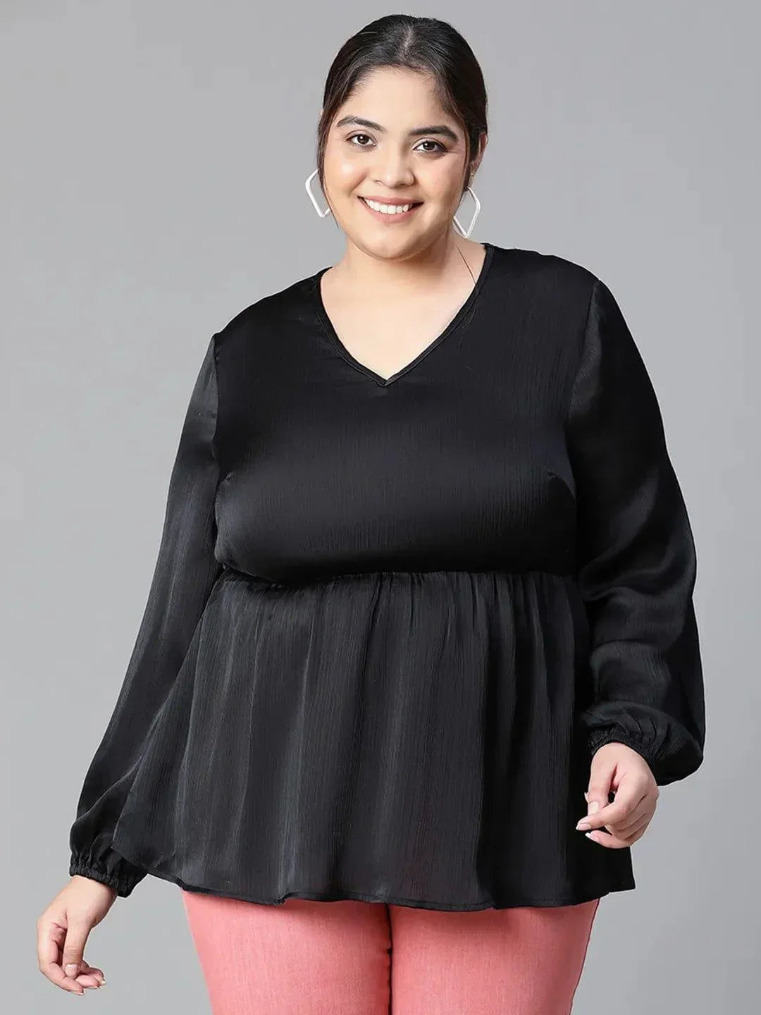 Polished Black V-neck Long Sleeve Plus Size Women Satin Loopy Top - oxolloxo